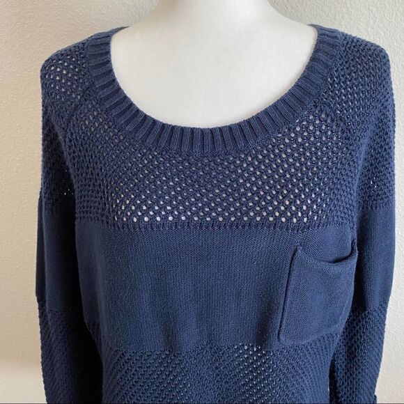 𝅺white + Warren Navy Blue Stripe Closed Open Knit Cotton Sweater Tunic Large - Picture 2 of 6